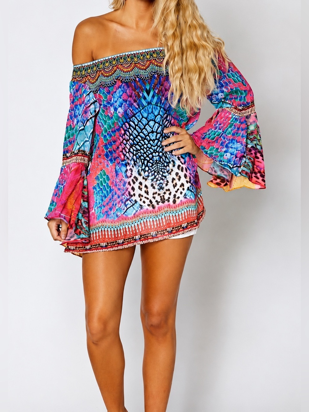 RANEES Boho Off Shoulder Bell Sleeve Blouse Sz L Colorful Animal Print Peasant